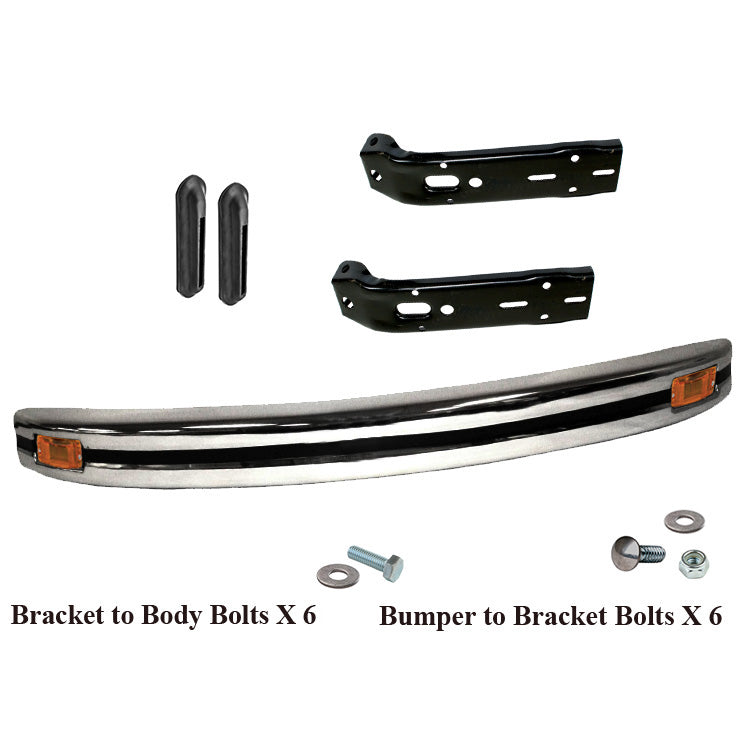 Vw Bug Chrome Stock Front Bumper Kit W/Amber Turn Signals, Brackets 1968-73