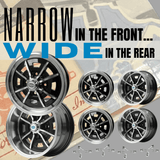 Set Of 4 15" X 5" & 15" X 8" Vw Bug 4 Lug Black Empi Sprint Star Wheels/Lug Nuts - Moore Parts
