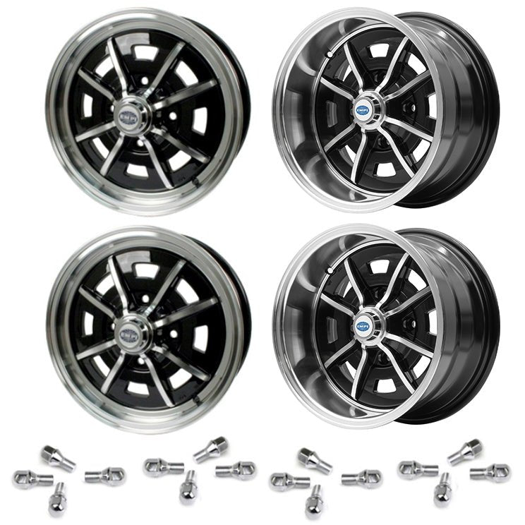 Set Of 4 15" X 5" & 15" X 8" Vw Bug 4 Lug Black Empi Sprint Star Wheels/Lug Nuts - Moore Parts