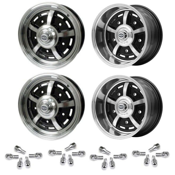 Set Of 4 15" X 5" & 15" X 8" Vw Bug 5 Lug Black Empi Sprint Star Wheels/Lug Nuts - Moore Parts