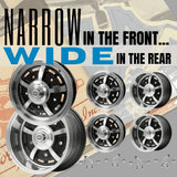 Set Of 4 15" X 5" & 15" X 8" Vw Bug 5 Lug Black Empi Sprint Star Wheels/Lug Nuts - Moore Parts