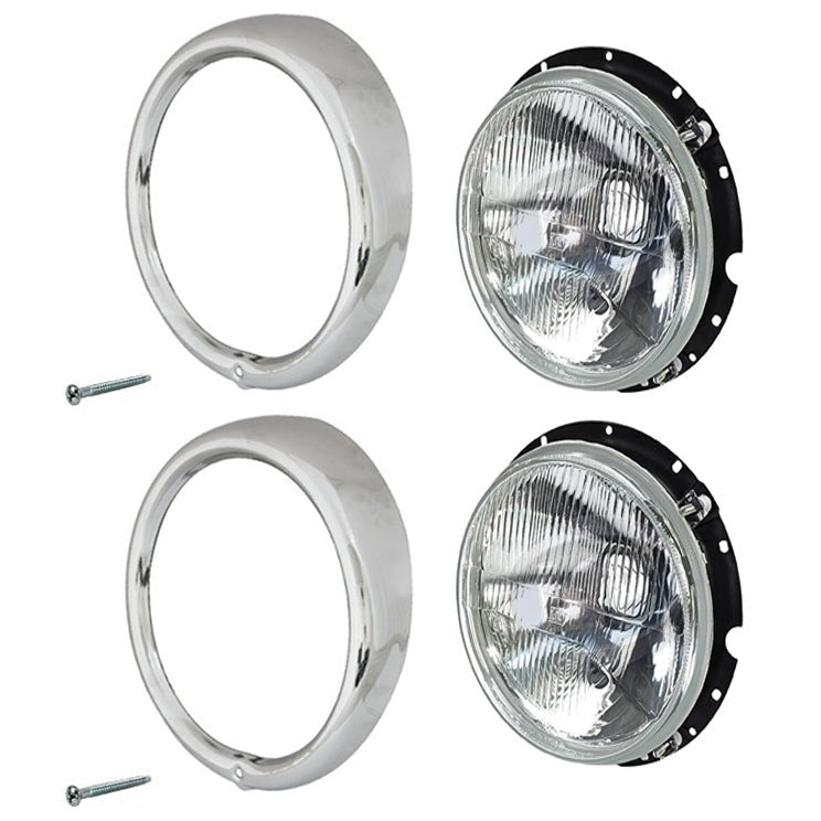 Vw Bug H4 Headlight Bucket Assembly Kit W/Chrome Rings. Pair Left & Right - Moore Parts