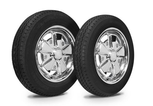 VW Bug Wheel & Tire Package, Staggered, Yokohama Tires & EMPI 5 Lug Alloy Chrome Wheels Set Of 4 - Moore Parts