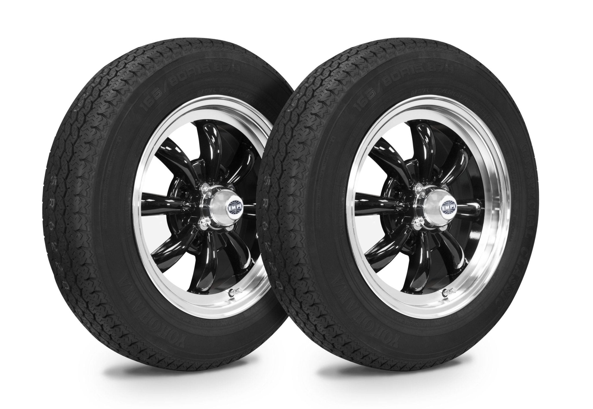 VW Bug Wheel & Tire Package, Yokohama Tires & EMPI 4 Lug 8 Spoke Black/Polished Wheels. Set Of 4 - Moore Parts