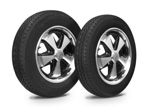 VW Bug Wheel & Tire Package, Yokohama Tires & Empi 5 Lug Staggered, Alloy Black/Polished Wheels Set Of 4 - Moore Parts