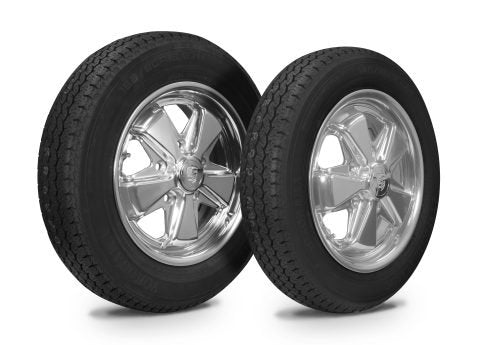 VW Bug Wheel & Tire Package, Yokohama Tires & EMPI 5 Lug Staggered, Alloy Polished Wheels Set Of 4 - Moore Parts