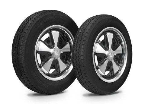 VW Bug Wheel & Tire Package, Yokohama Tires & EMPI 5 Lug Staggered, W/ Alloy Black/Polished Wheels Set Of 4 - Moore Parts