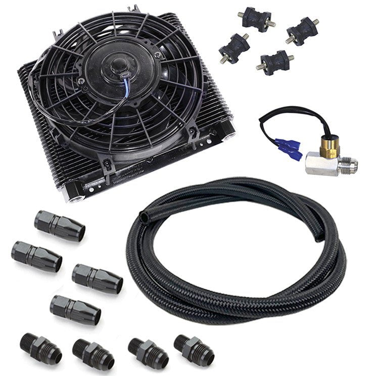 Mesa 72 Plate Oil Cooler/Electric Fan Kit W/Thermostat, AN Hose, Black Fittings - Moore Parts