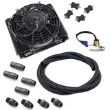 Mesa 72 Plate Oil Cooler/Electric Fan Kit W/Thermostat, AN Hose, Black Fittings - Moore Parts