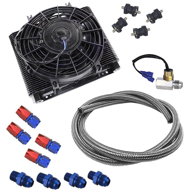 Mesa 72 Plate Oil Cooler/Electric Fan Kit W/Thermostat, AN Hose, Blue Fittings - Moore Parts