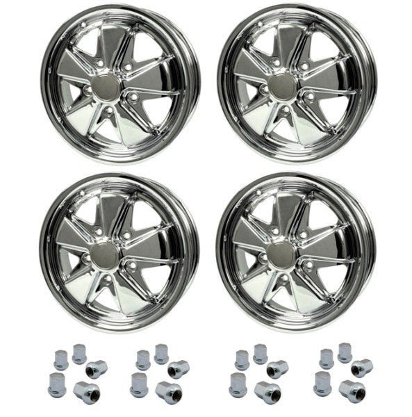 Set Of 4 15" X 4 - 1/2" & 5 - 1/2" Porsche 5 Lug Chrome Empi 911 Alloy Wheels & Lugs - Moore Parts