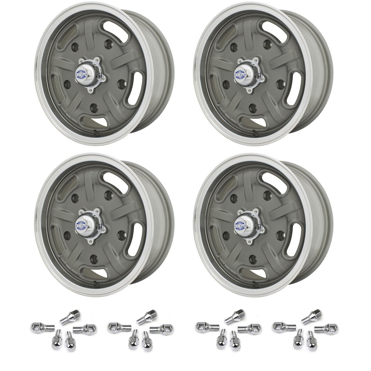 Set Of 4 15" X 5 - 1/2" Vw Bug 5 Lug Gun Metal Grey Empi Corsa Wheels & Lug Bolts - Moore Parts